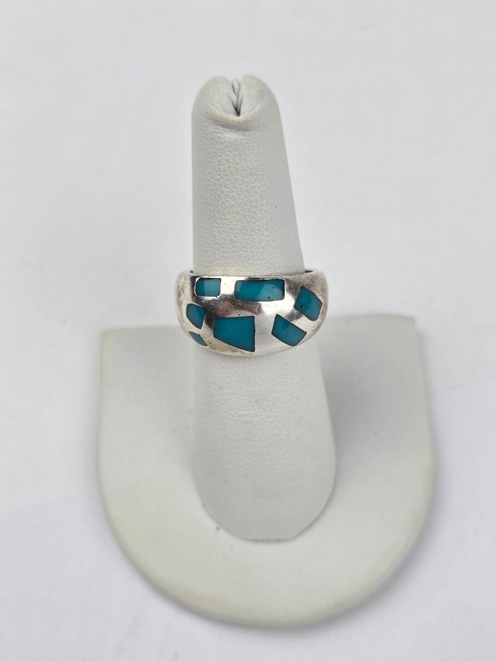 Vintage Sterling silver Band ring with Mosaic inlay Turquoise Size 7.25